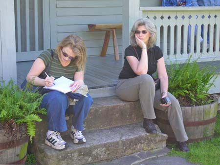 women on steps